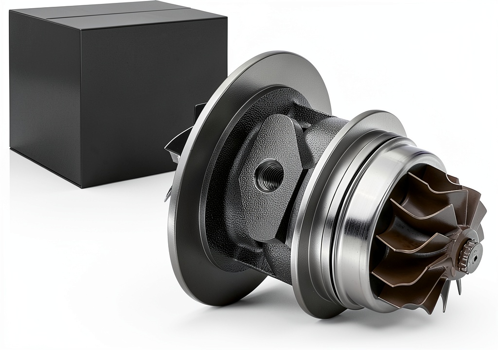 Turbocharger core installed in a Dodge Cummins engine bay