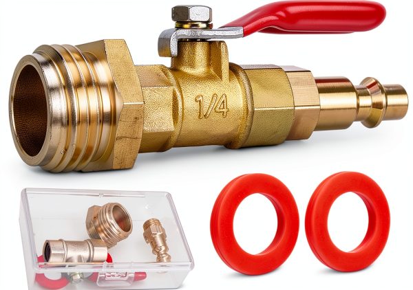 RV Winterize Blowout Adapter Kit - 1/4" Male Quick Connect Plug and 3/4" Male GHT Thread, Wintering Quick Fitting with Ball Valve and 2 Pcs Washers for Winterize RV Boat Camper Trailer-0